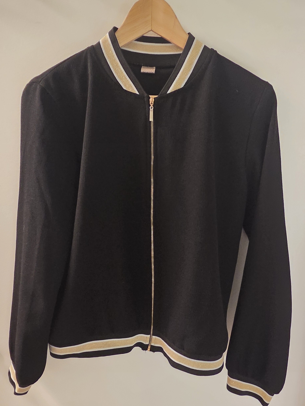 Black Zip-Front Bomber Jacket with Gold Trim